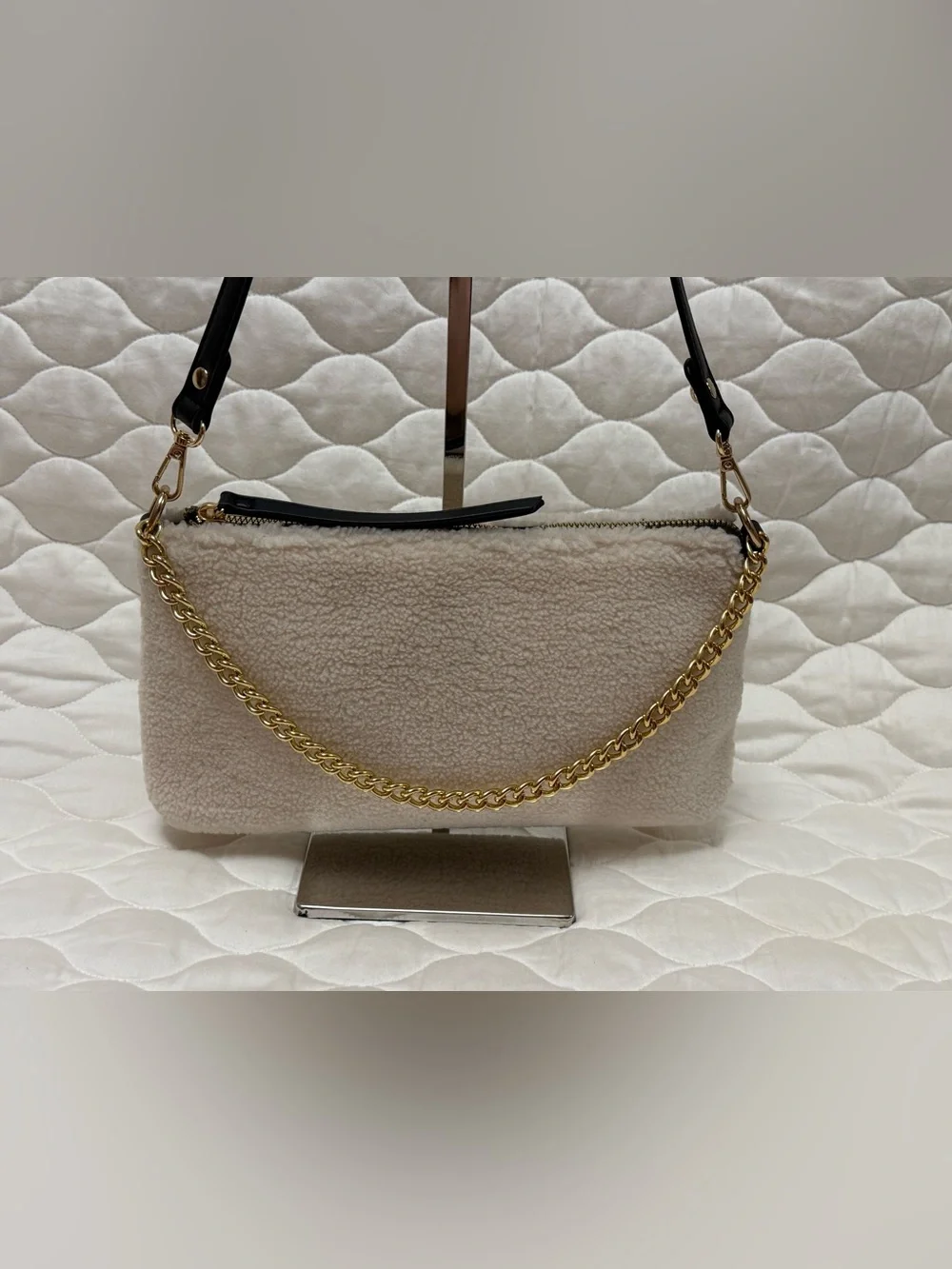 Crossi New York Faux Shearling/Sherpa Chain Slouchy Shoulder bag